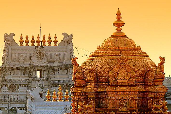 Beautiful sunrise view over ancient temples in Tirupathi